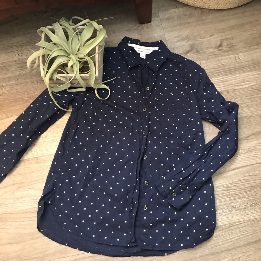 Old Navy Button Down, Gold Polka Dots